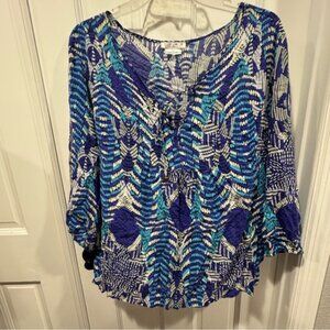 Como Woman Blue Boho Print Peasant Blouse – Size 1X